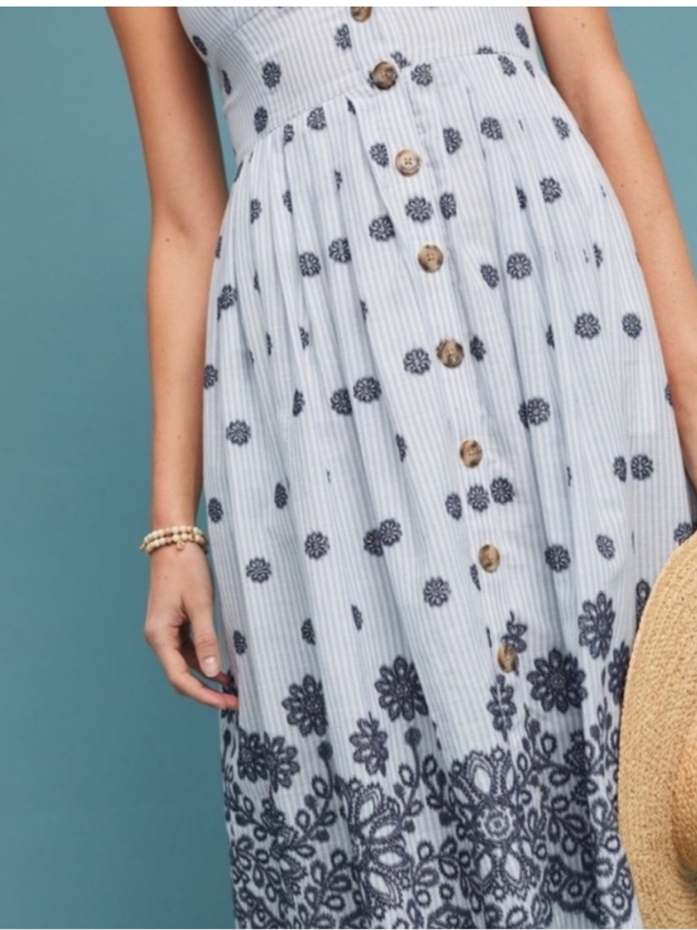 Maeve Savoy Buttondown Dress Blue Stripe Embroidered Midi Anthropologie - Picture 4 of 14
